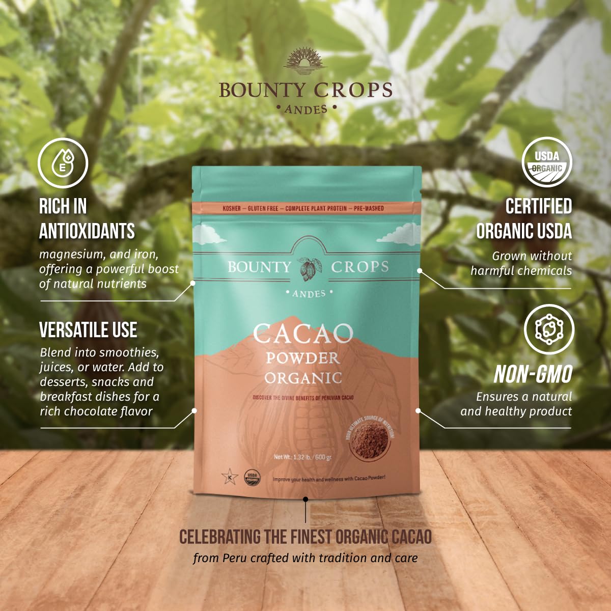 Bounty Crops Organic Cacao Powder – Unsweetened, Rich Dark Chocolate Flavor (21 oz/600 g)