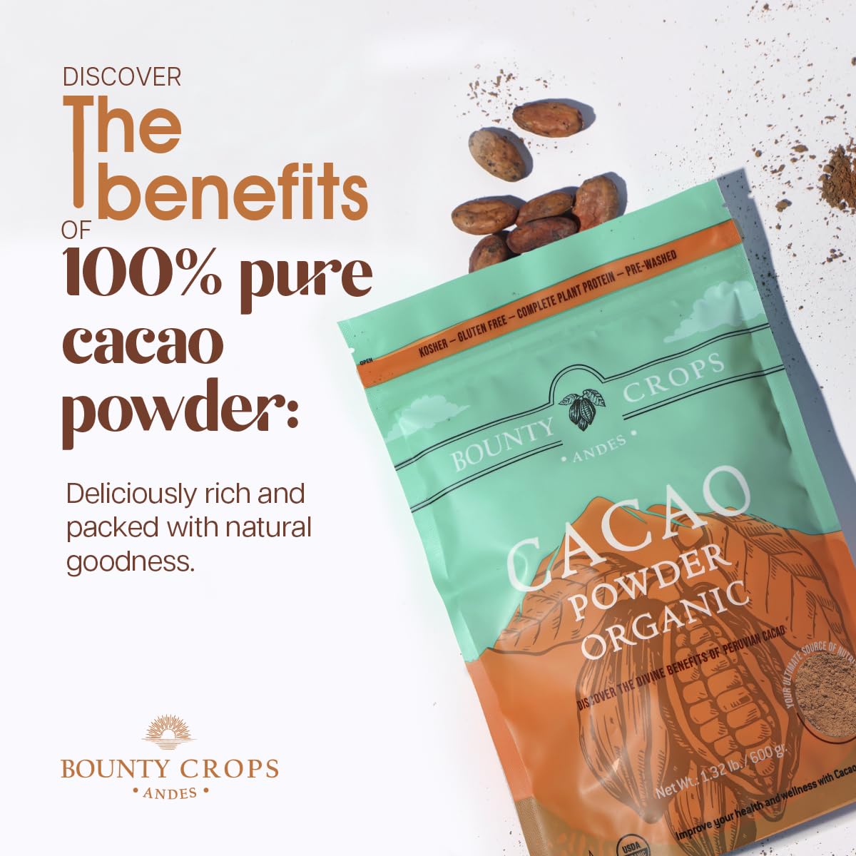 Bounty Crops Organic Cacao Powder – Unsweetened, Rich Dark Chocolate Flavor (21 oz/600 g)