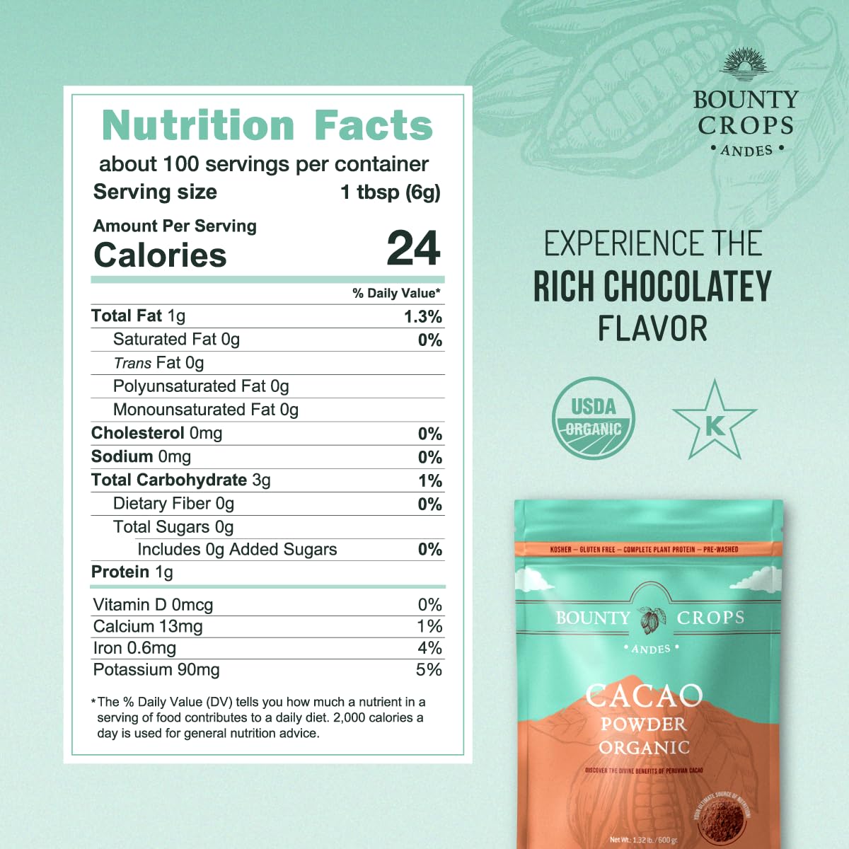Bounty Crops Organic Cacao Powder – Unsweetened, Rich Dark Chocolate Flavor (21 oz/600 g)
