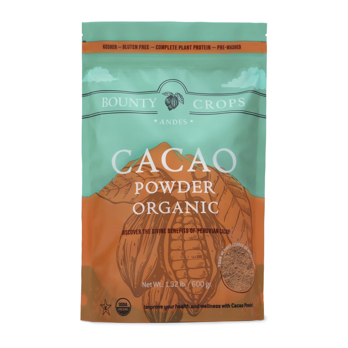 Bounty Crops Organic Cacao Powder – Unsweetened, Rich Dark Chocolate Flavor (21 oz/600 g)