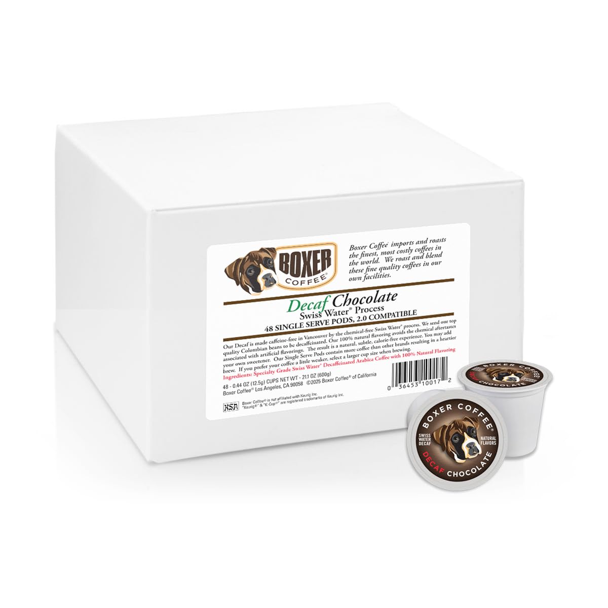 Boxer Coffee Swiss Water Decaf Chocolate Pods – 48 Count, Keurig Compatible, Medium Roast