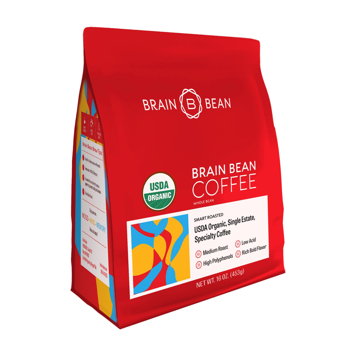 Brain Bean Organic Coffee – Smooth Medium Roast, High Antioxidants, USDA Organic – 16 oz Whole Bean