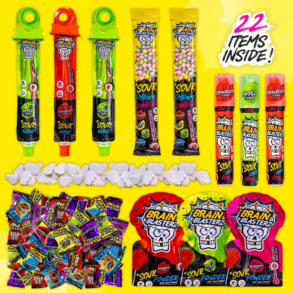 Brain Blasterz Sour Candy Variety Pack – 22-Piece Assorted Candy Box | Vegan & Halal Friendly, Individually Wrapped