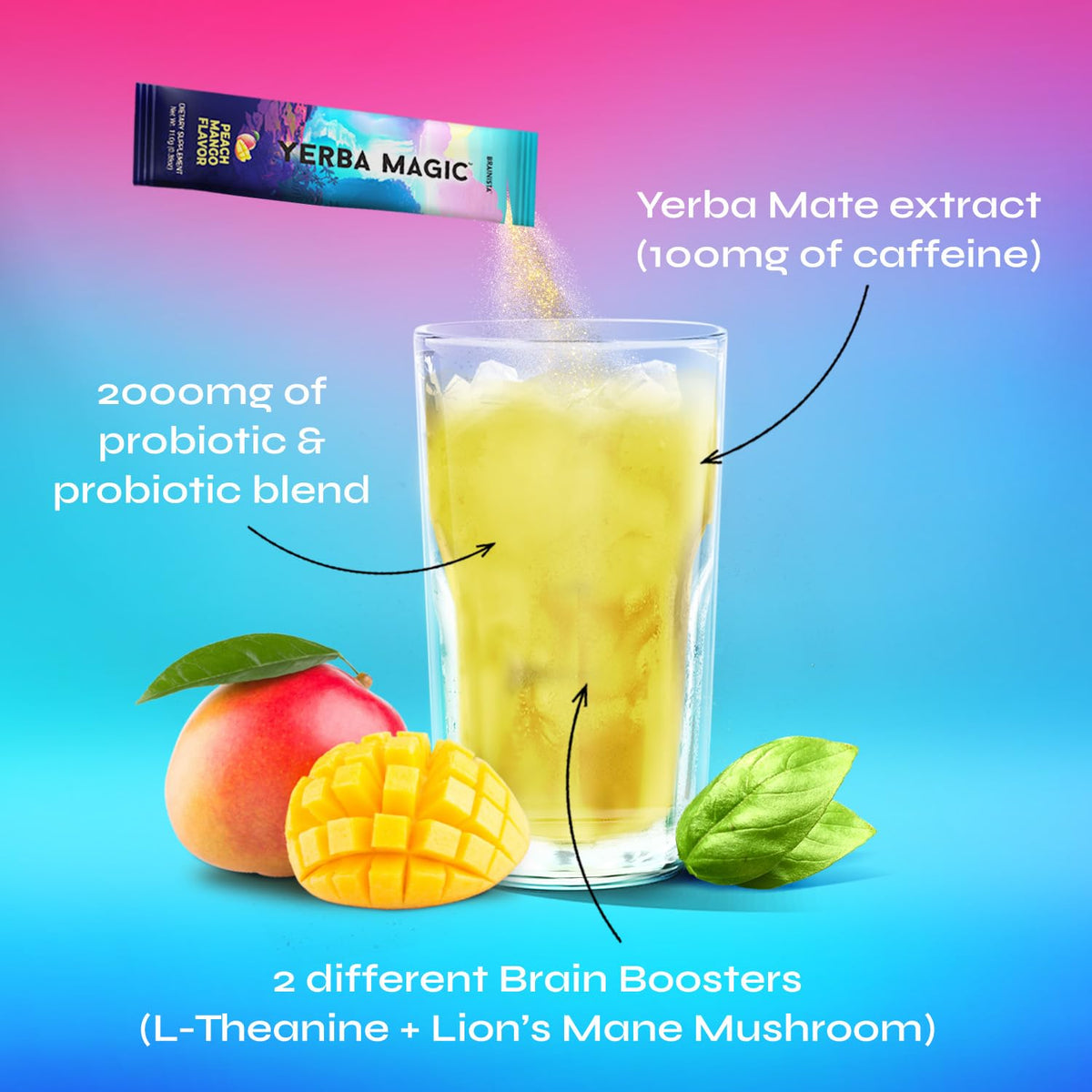 Brainista Yerba Magic Yerba Mate Powder Packets – Instant Clean Energy, Focus & Gut Health (Peach Mango) | 20 Sticks
