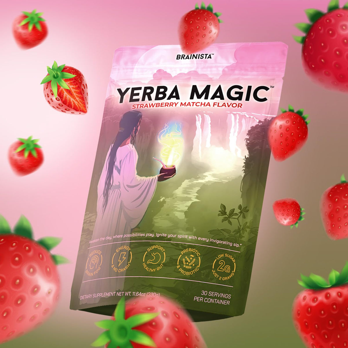 Brainista Yerba Magic Yerba Mate Packets – Instant Clean Energy & Focus (Strawberry Matcha, 20 Sticks)