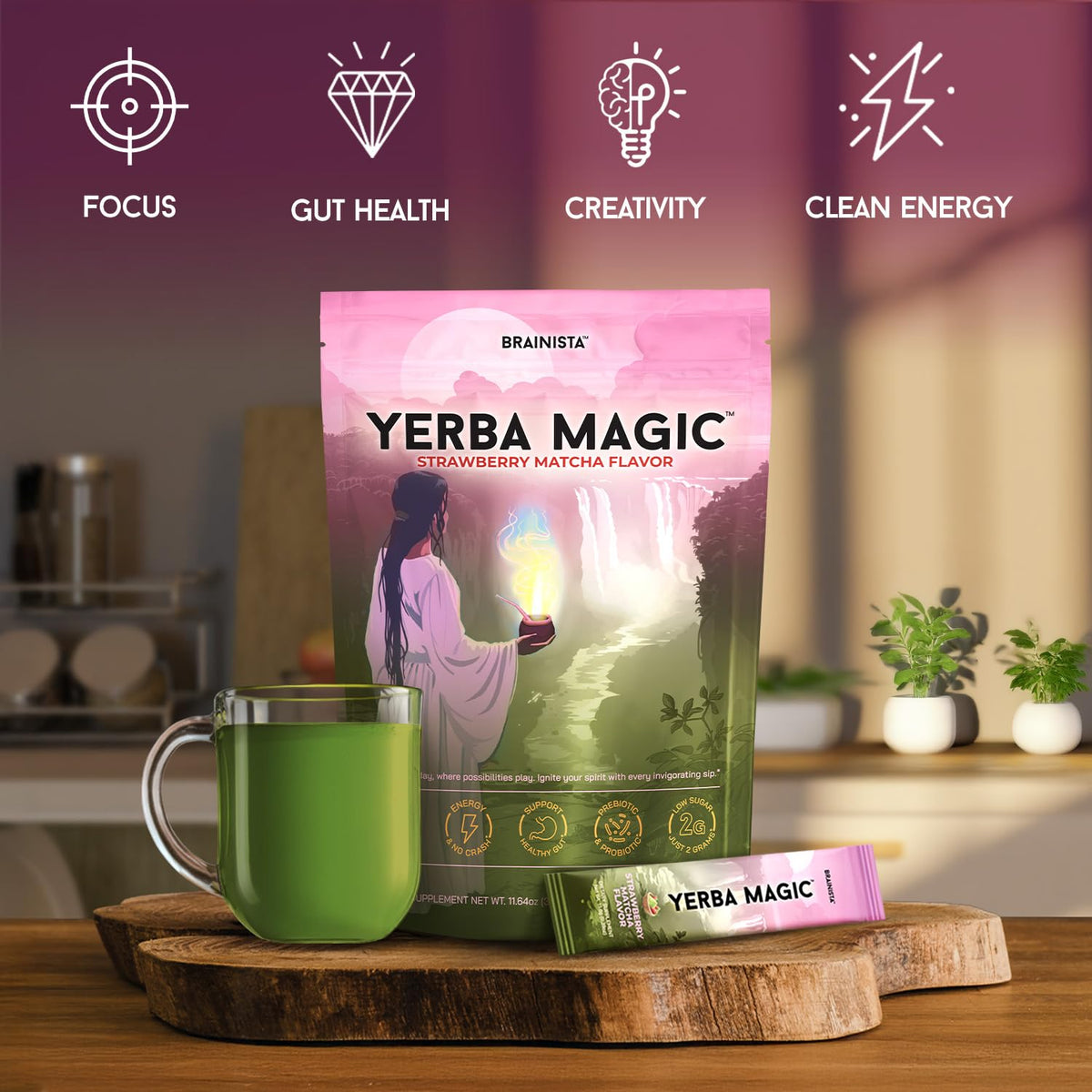 Brainista Yerba Magic Yerba Mate Packets – Instant Clean Energy & Focus (Strawberry Matcha, 20 Sticks)