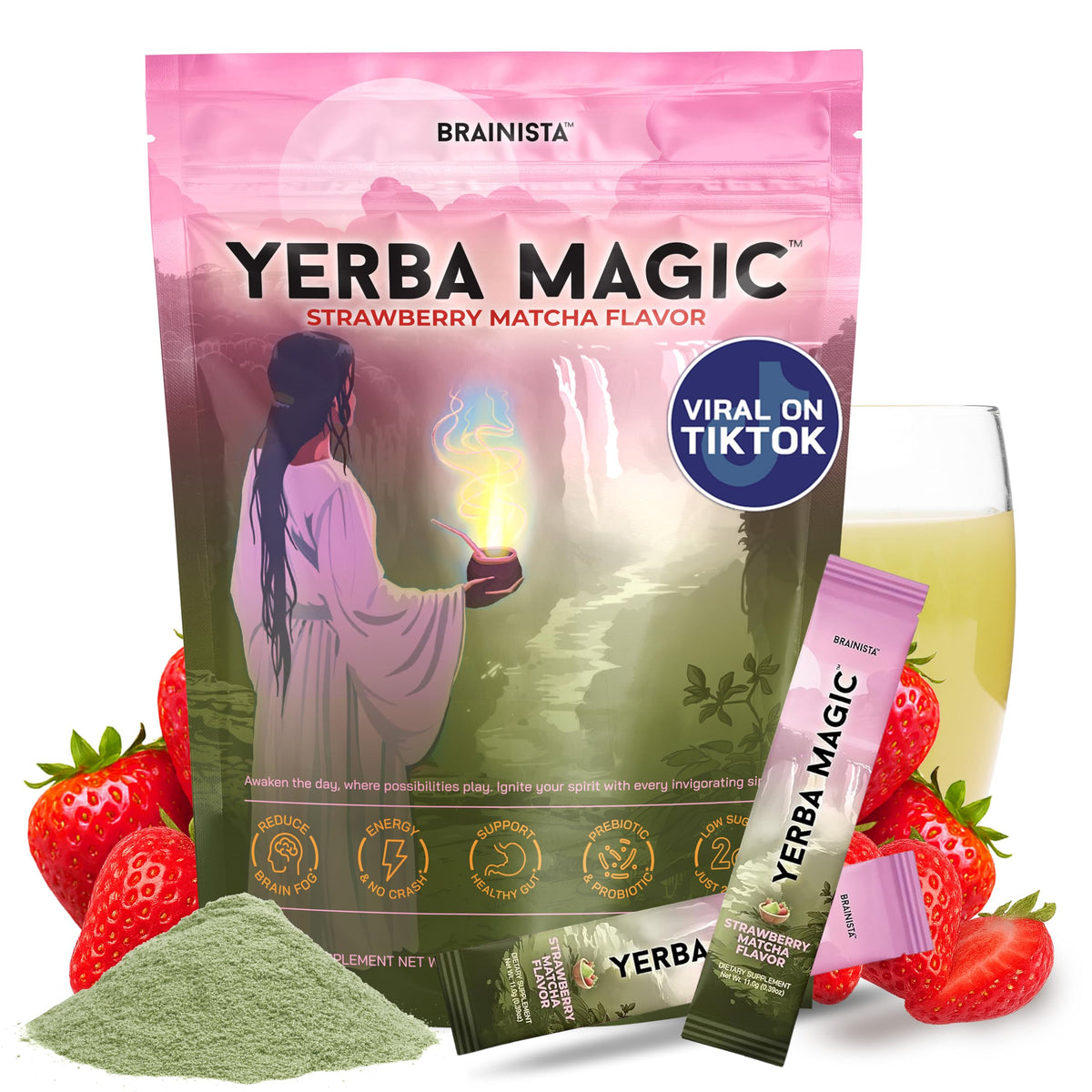 Brainista Yerba Magic Yerba Mate Packets – Instant Clean Energy & Focus (Strawberry Matcha, 20 Sticks)