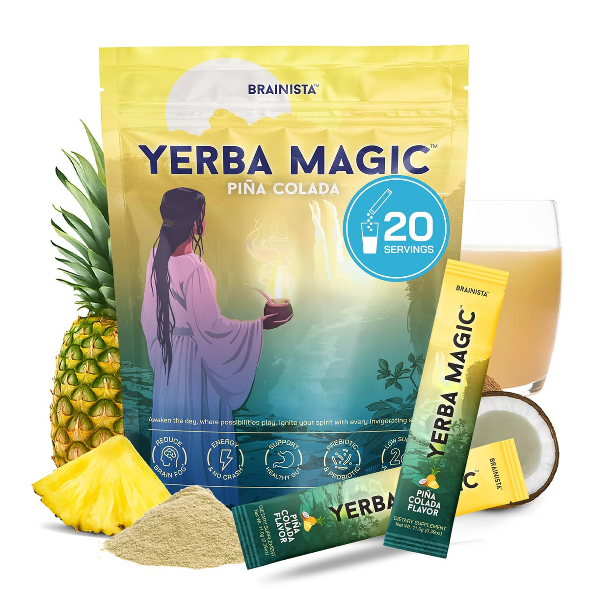 Brainista Yerba Magic Yerba Mate Packets – Instant Clean Energy, Focus & Gut Health (Pina Colada, 20 Sticks)