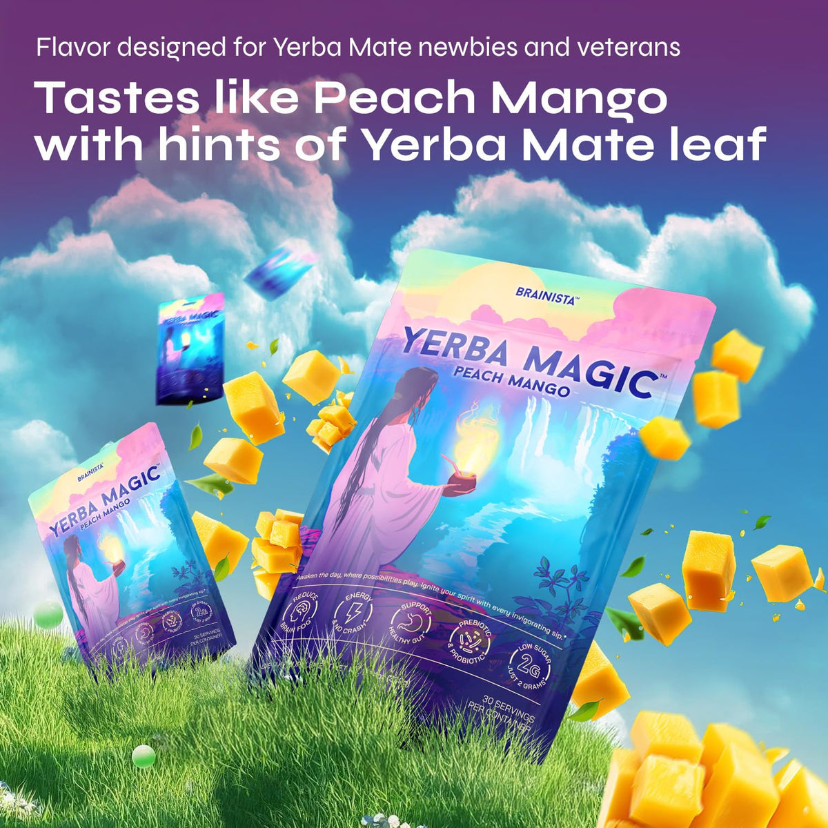 Brainista Yerba Magic Yerba Mate Powder Packets – Instant Clean Energy, Focus & Gut Health (Peach Mango) | 20 Sticks
