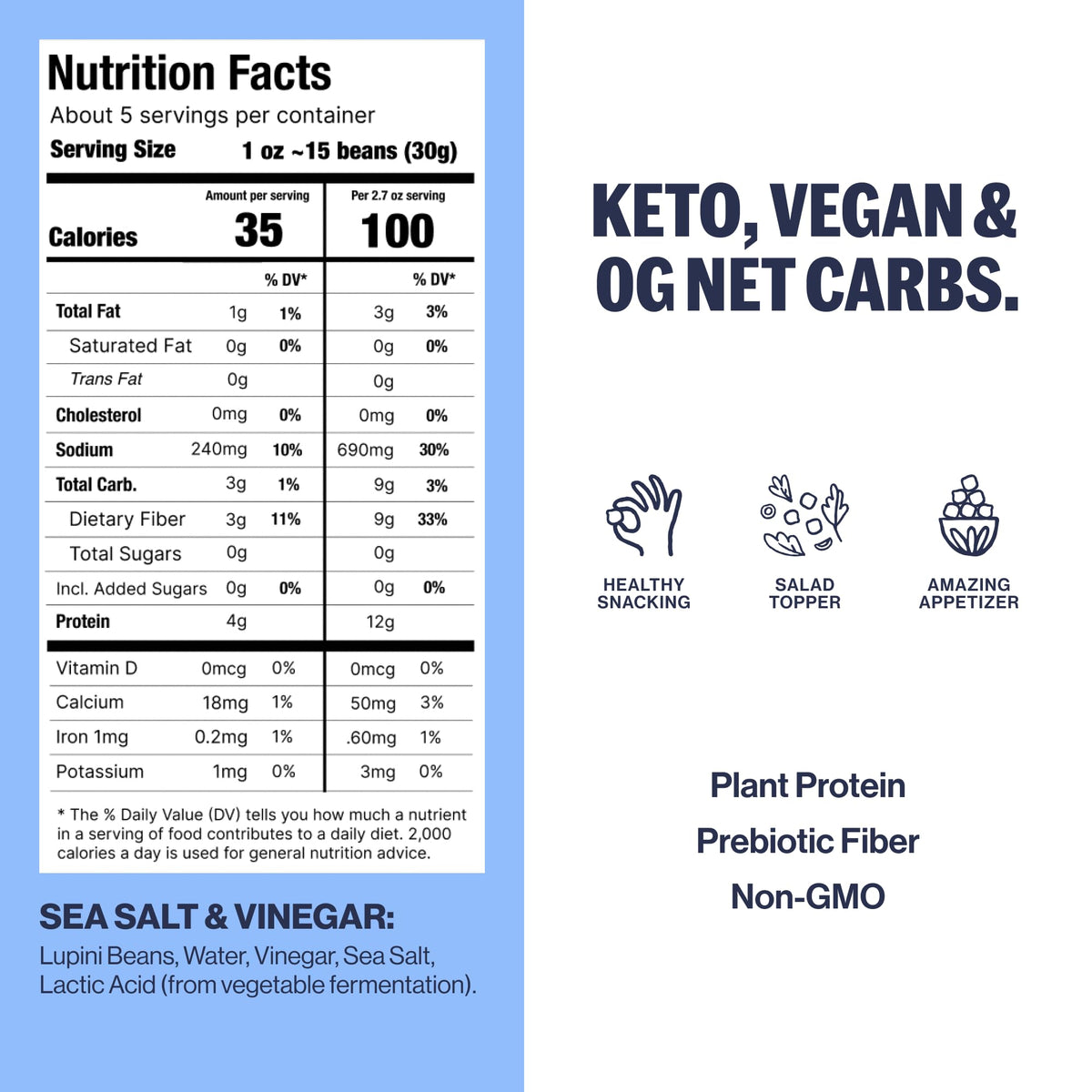BRAMI Lupini Beans Snacks – Sea Salt & Vinegar, 7g Protein, 0g Net Carbs (8-Pack)