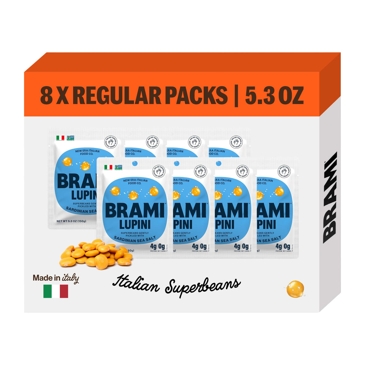 BRAMI Lupini Beans Snacks – Sea Salt & Vinegar, 7g Protein, 0g Net Carbs (8-Pack)