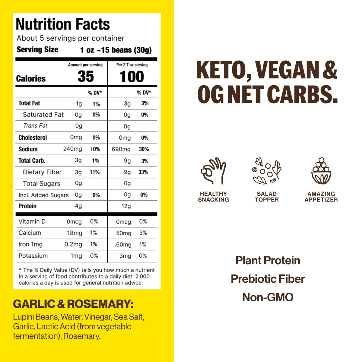 BRAMI Lupini Beans Snacks Garlic & Rosemary – 7g Protein, 0g Net Carbs, 8-Pack