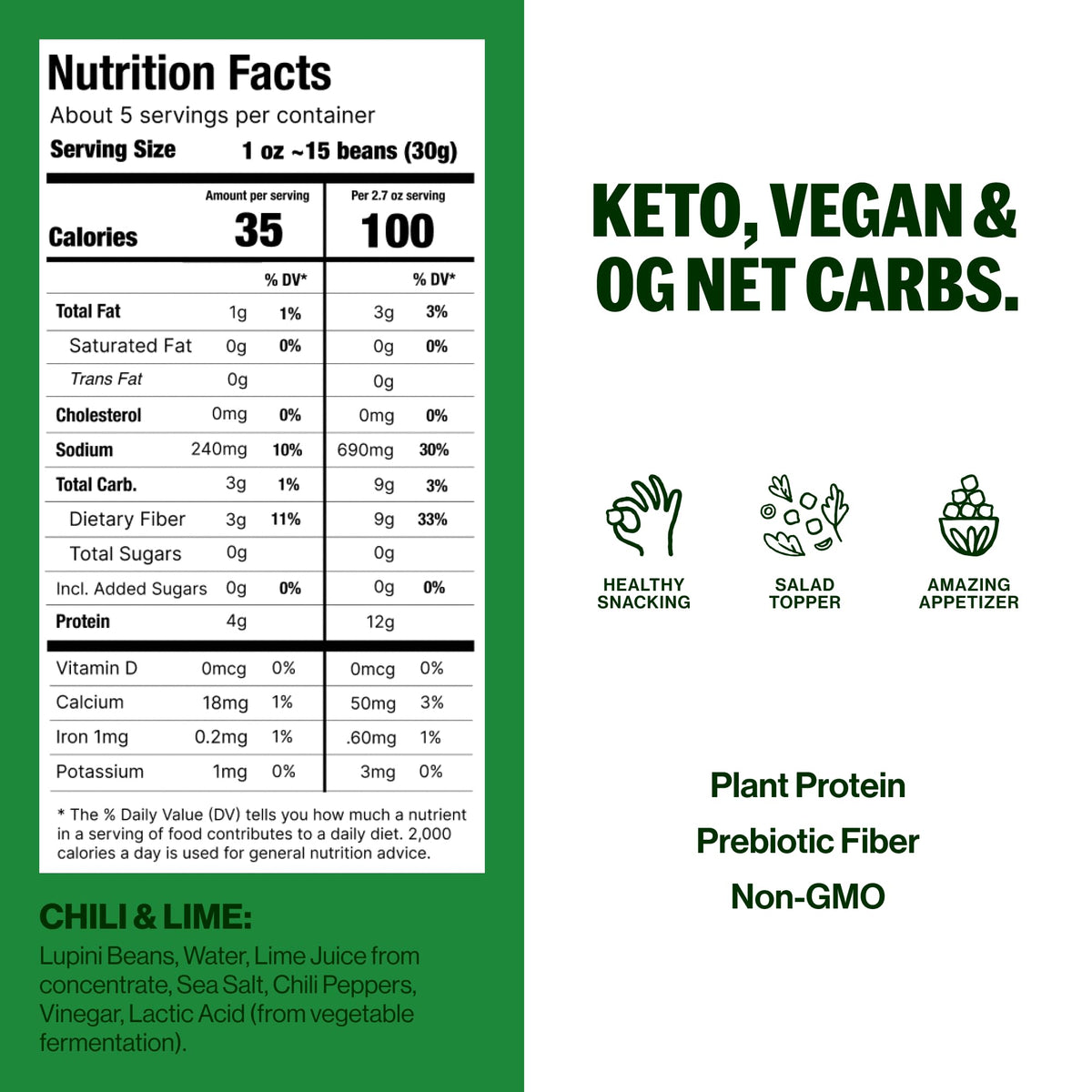 BRAMI Lupini Beans Snack, Chili & Lime | 7g Protein, 0g Net Carbs, Plant-Based