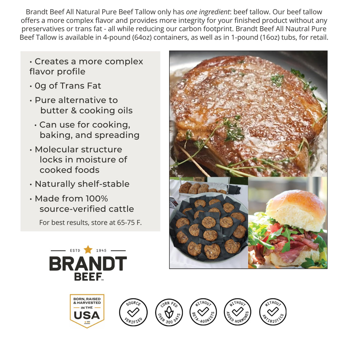 Brandt Beef Tallow – 100% Pure Beef Tallow for Cooking | 16 oz Tub | 450°F Smoke Point | Sustainably Sourced