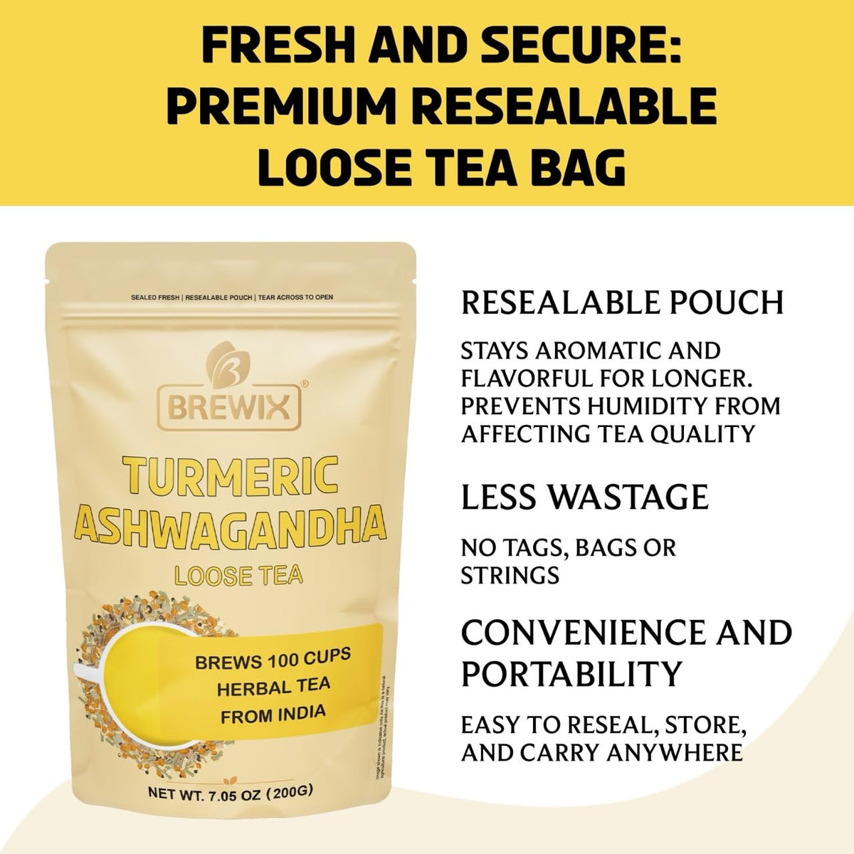BREWIX Turmeric Ashwagandha Herbal Tea – Loose Leaf, 100+ Cups, Caffeine Free & Gluten Free
