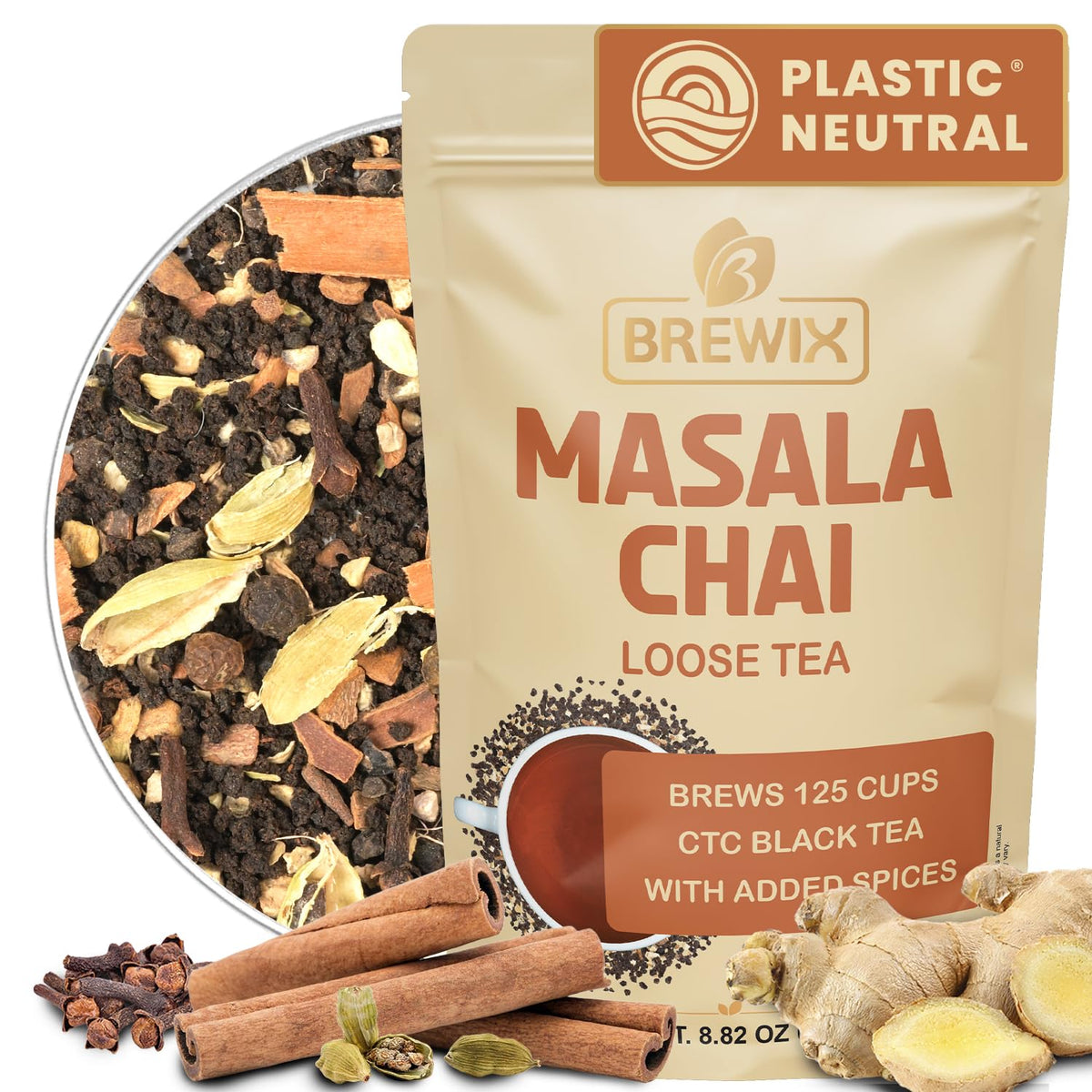 BREWIX Masala Chai Tea Loose Leaf CTC – Bold, Aromatic Spice Blend (Ginger, Cinnamon, Cardamom, Clove, Black Pepper) 8.82oz/250g | 125+ Cups