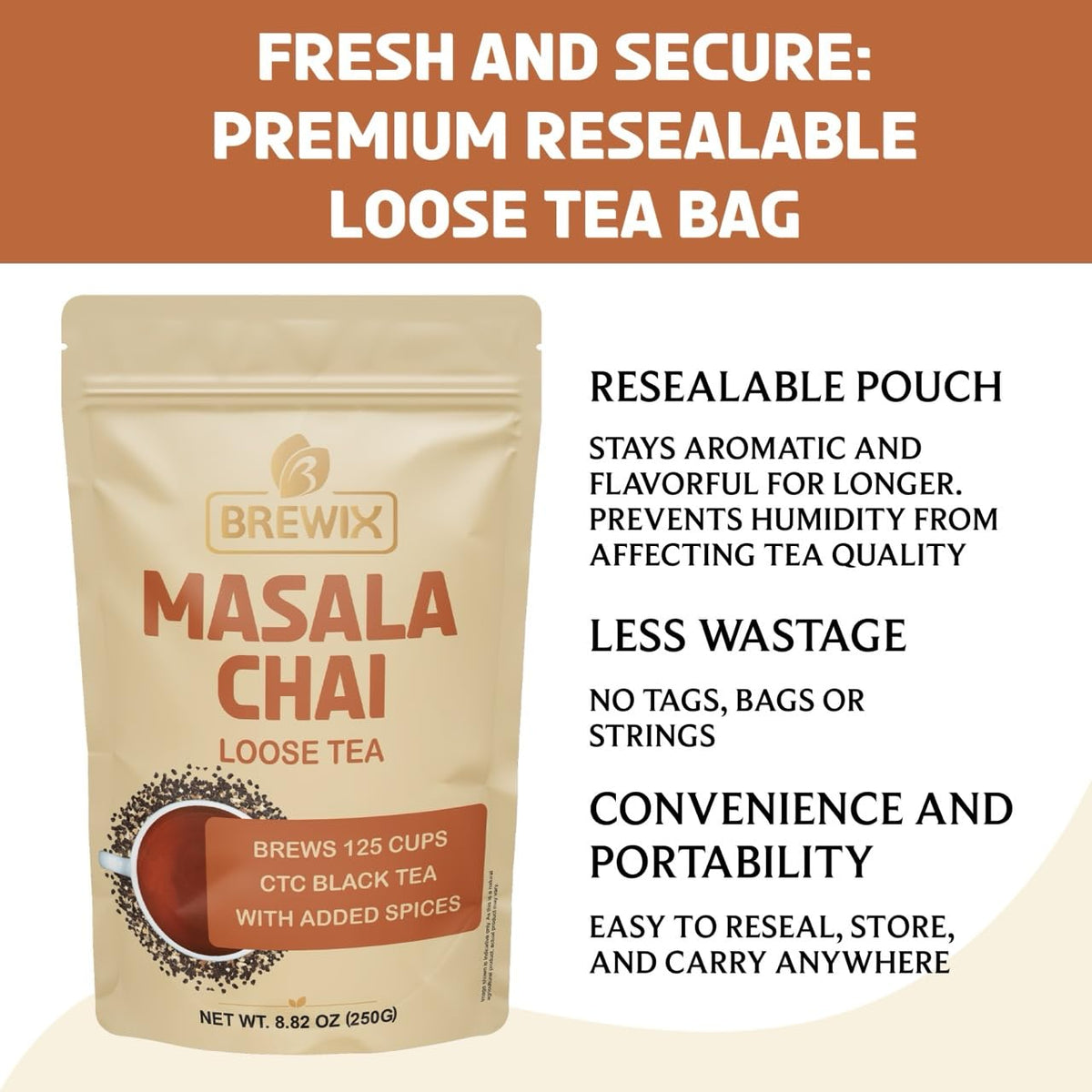 BREWIX Masala Chai Tea Loose Leaf CTC – Bold, Aromatic Spice Blend (Ginger, Cinnamon, Cardamom, Clove, Black Pepper) 8.82oz/250g | 125+ Cups