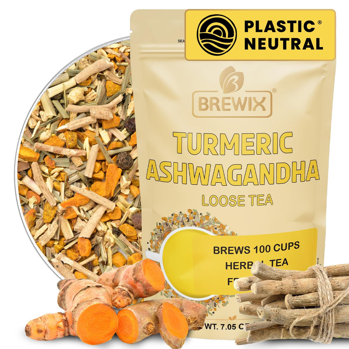 BREWIX Turmeric Ashwagandha Herbal Tea – Loose Leaf, 100+ Cups, Caffeine Free & Gluten Free