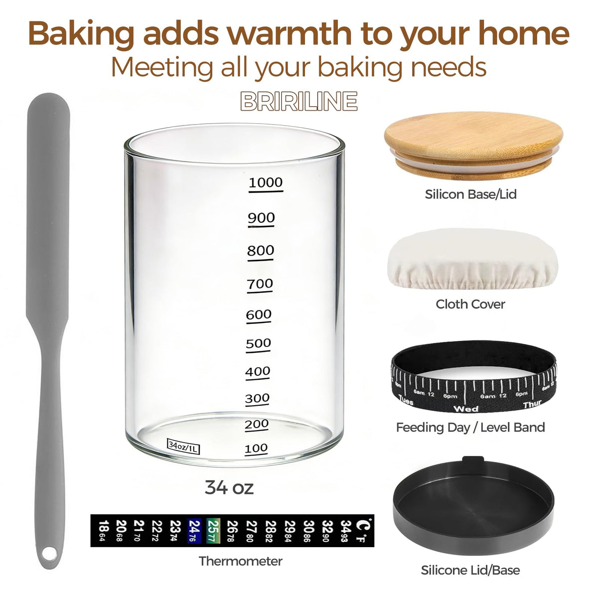 BRIRILINE Pro Sourdough Starter Kit - 34oz Jar with 5 Essential Features