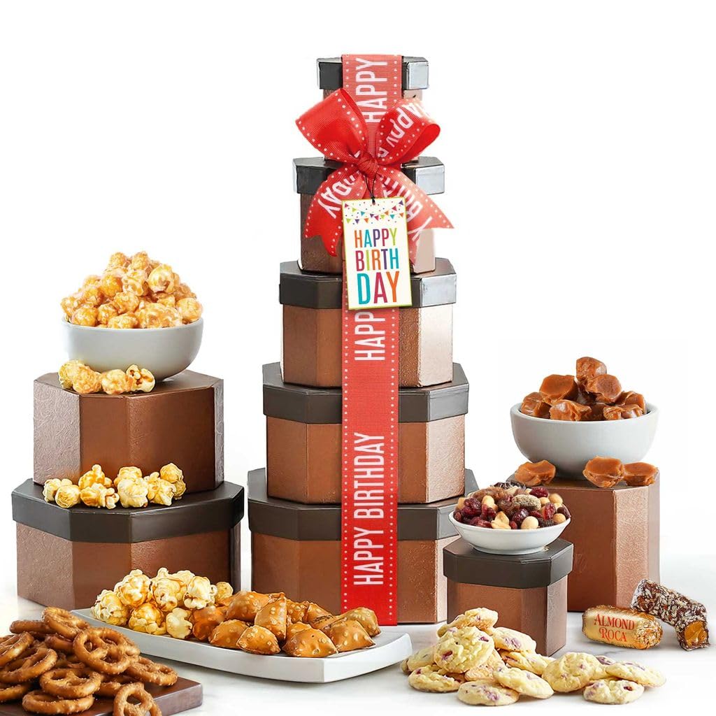 Broadway Basketeers Birthday Gift Basket Tower — Gourmet Snacks & Sweets