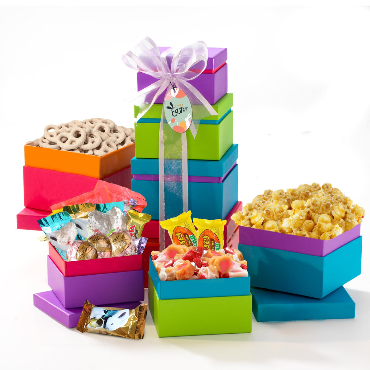 Broadway Basketeers Easter Basket Tower – Premade Gift for Adults & Kids | Gourmet Chocolate, Candy & Easter Eggs