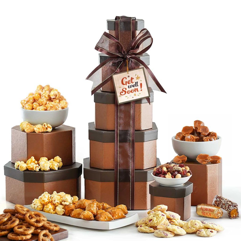 Broadway Basketeers Get Well Gift Tower – Gourmet Care Package with Cookies & Snacks