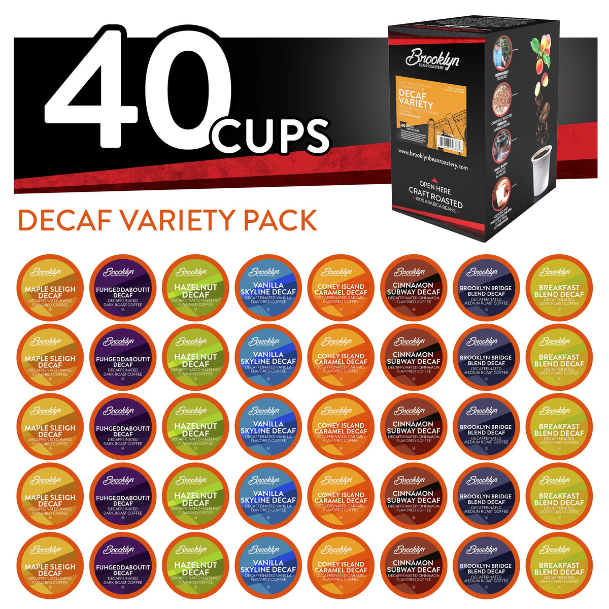 Brooklyn Beans Decaf Pods – 40-Count Assorted Variety Pack for Keurig K-Cup Brewers