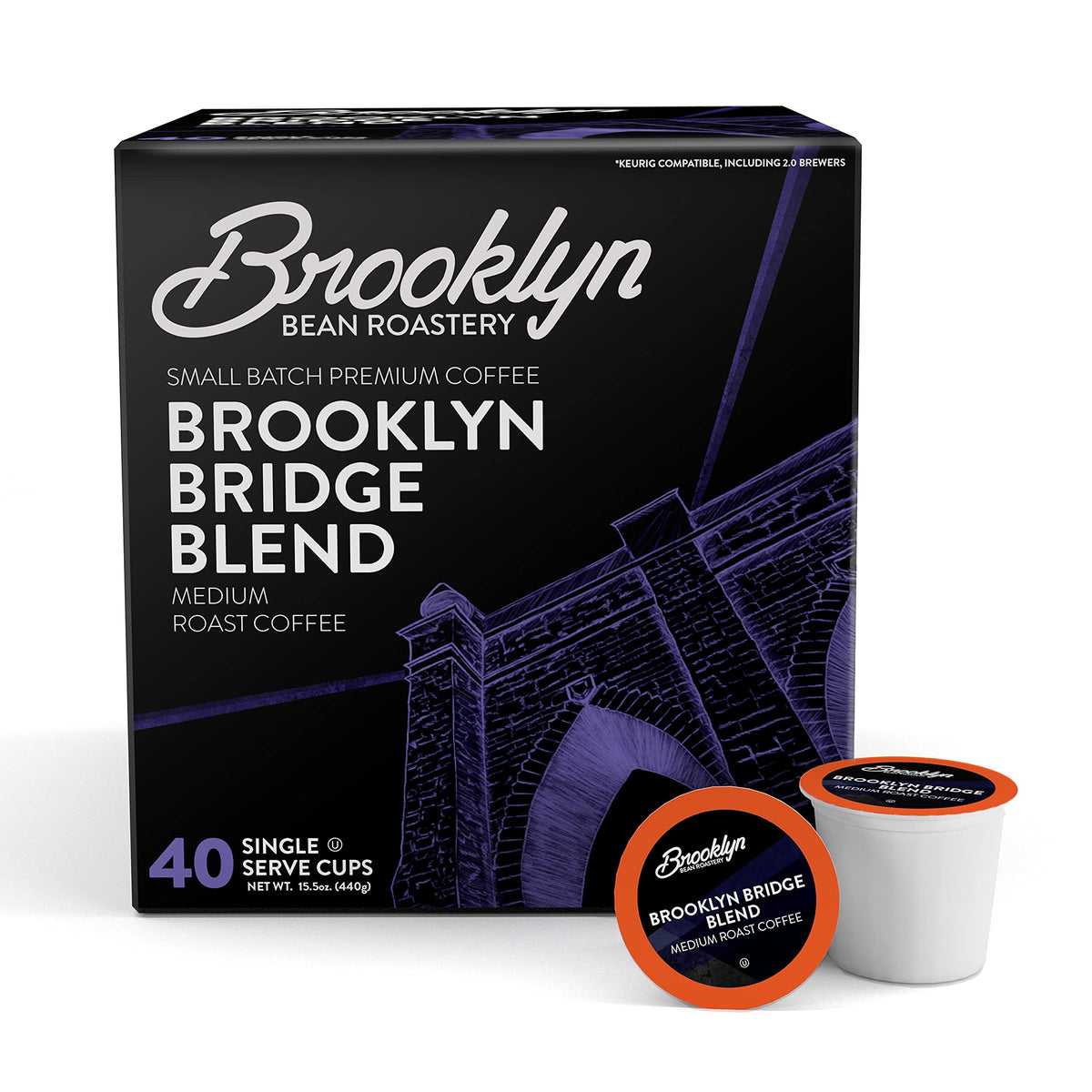 Brooklyn Beans Brooklyn Bridge Blend Gourmet Coffee - Rich Medium Roast, 40-Count Pods for Keurig 2.0