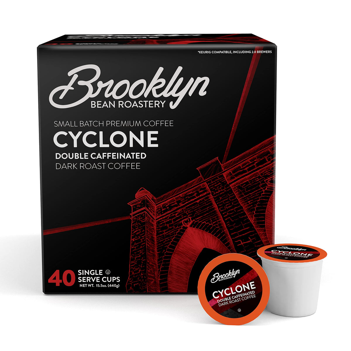 Brooklyn Beans Cyclone Gourmet Coffee Pods – Double Caffeine, 40 Count, Keurig Compatible