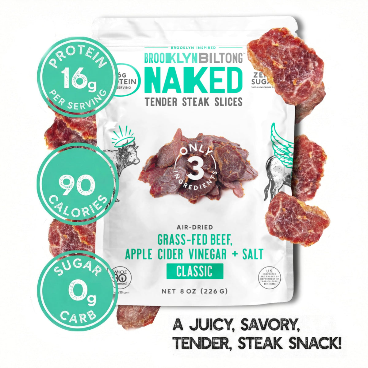 Brooklyn Biltong Naked – Air Dried Grass-Fed Beef Snack (8 oz) | Whole30, Paleo, Keto, Gluten Free