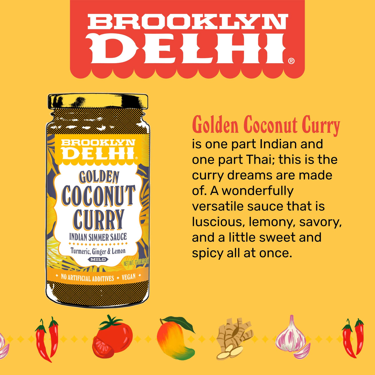 Brooklyn Delhi Golden Coconut Curry Sauce – Mild, 12 oz (2-Pack) | Vegan, No Artificial Additives