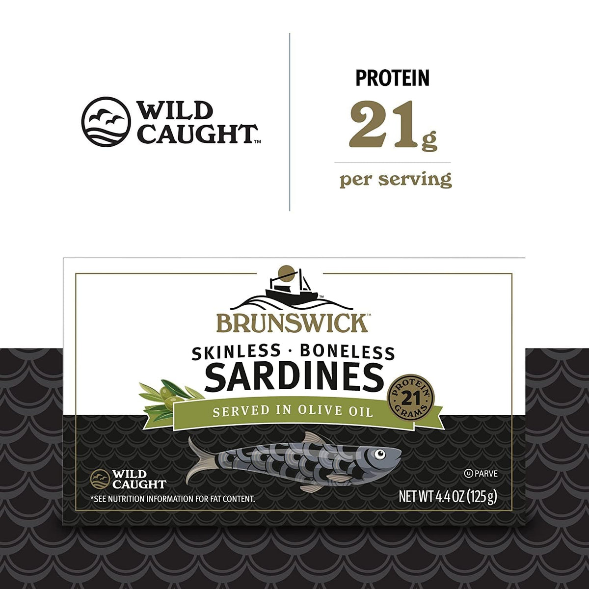 Brunswick Wild Caught Sardines in Olive Oil – Boneless & Skinless, 4.4 oz (Pack of 12)