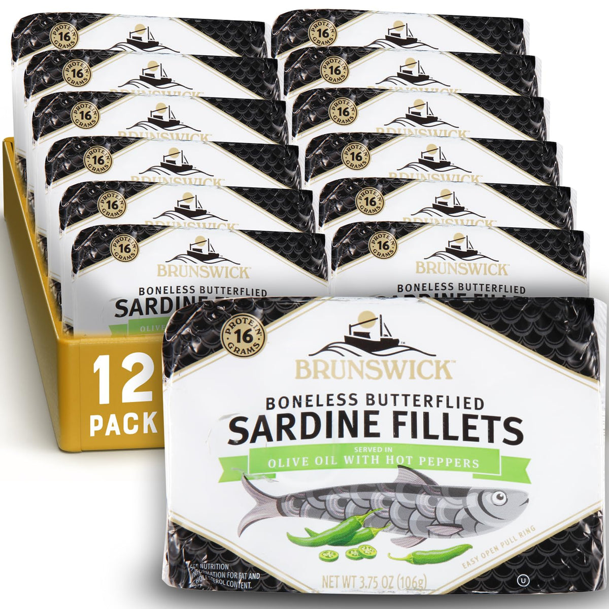 Brunswick Sardines in Olive Oil with Hot Peppers – Wild-Caught, Boneless Butterflied Fillets (12-Pack)