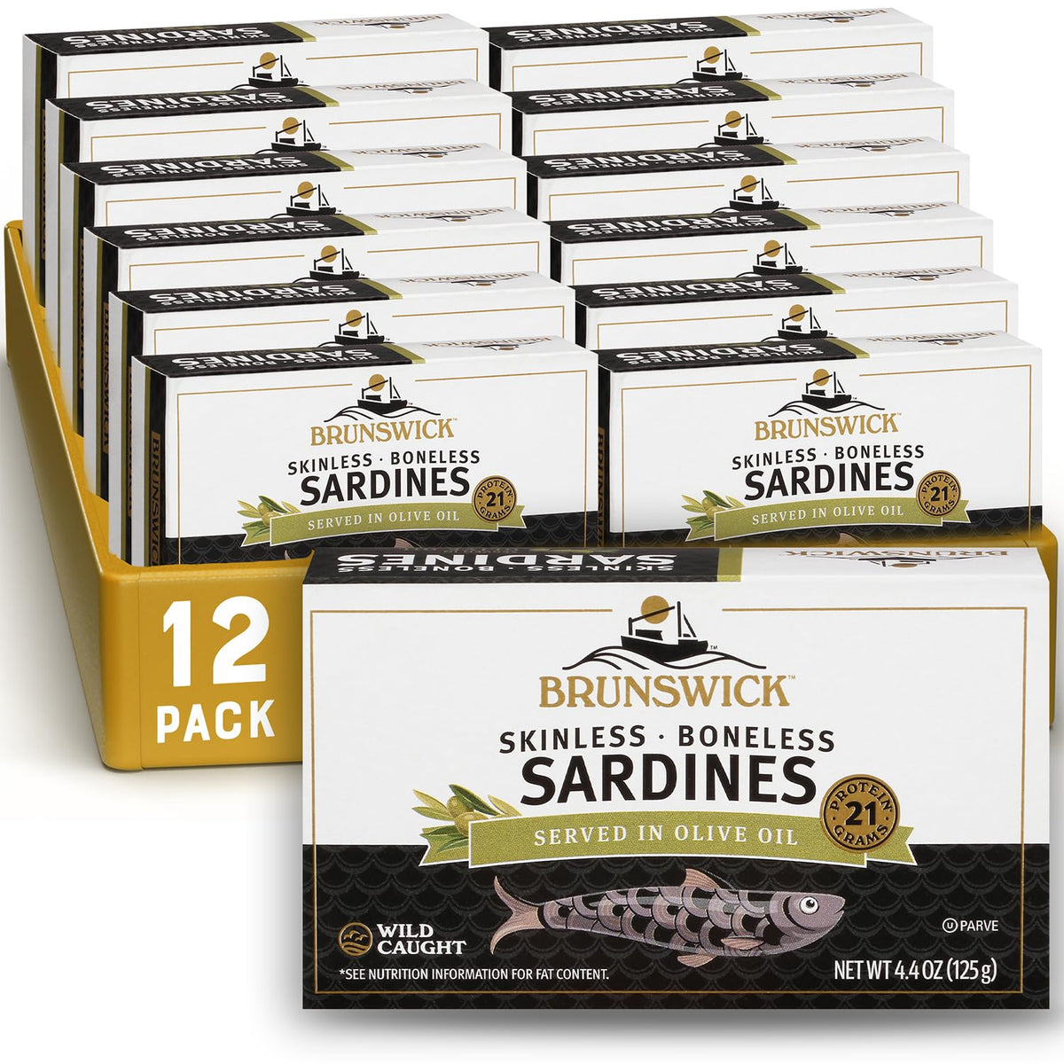Brunswick Wild Caught Sardines in Olive Oil – Boneless & Skinless, 4.4 oz (Pack of 12)