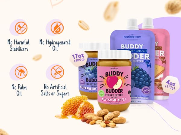 BUDDY BUDDER Dog Peanut Butter — 9 Pack Mixed Flavors, 4oz Pouches, Made in USA