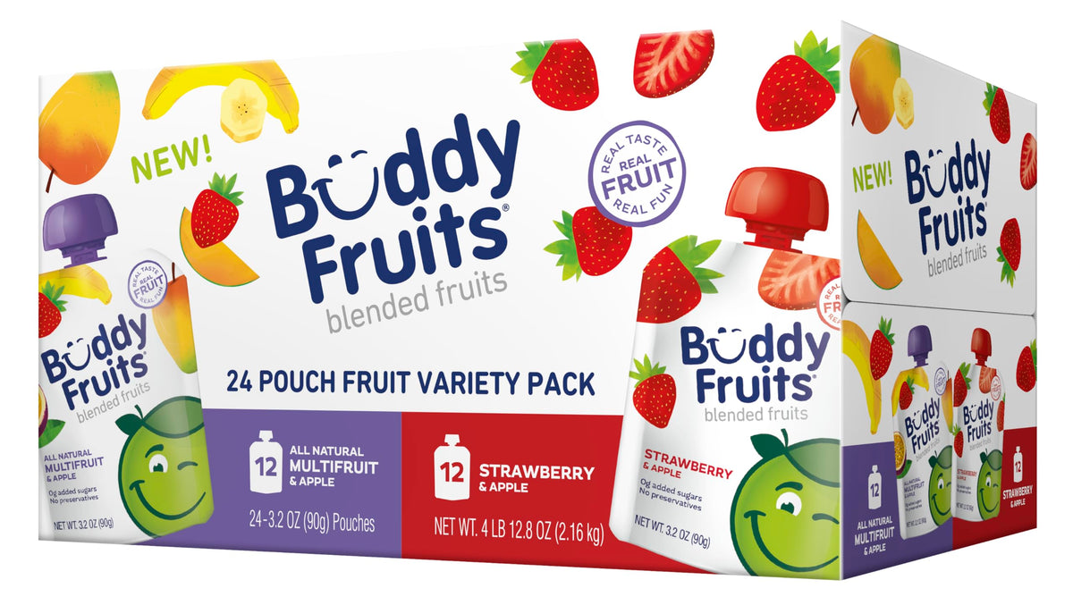 Buddy Fruits Pure Blended Fruit Snack To Go Variety Pack – Multifruit & Strawberry Applesauce 3.2oz (Pack of 24) | 100% Real Fruit