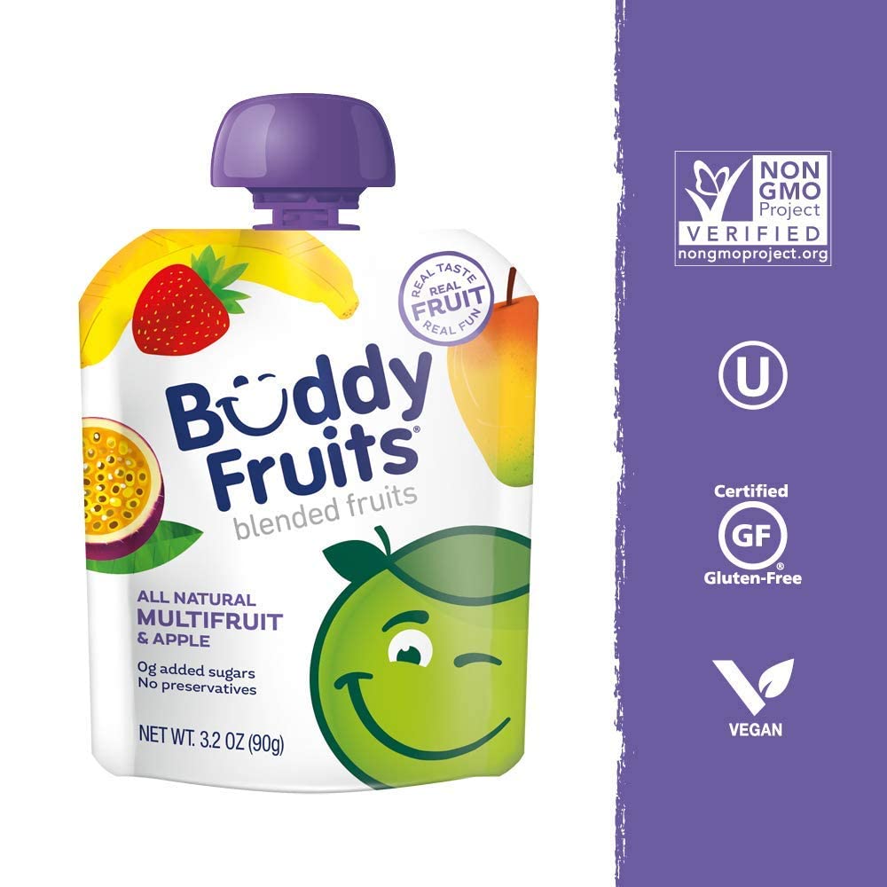Buddy Fruits Pure Blended Fruit Snack To Go Variety Pack – Multifruit & Strawberry Applesauce 3.2oz (Pack of 24) | 100% Real Fruit