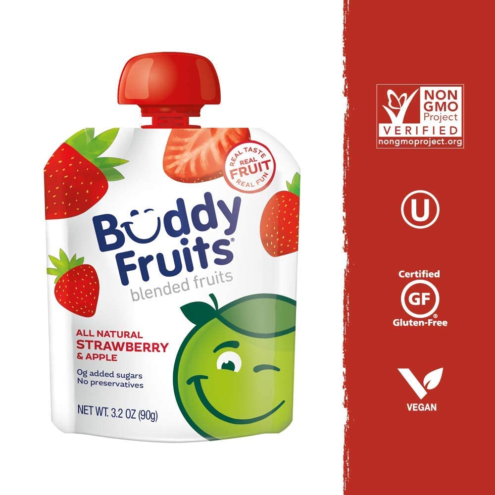 Buddy Fruits Pure Blended Fruit Snack To Go Variety Pack – Multifruit & Strawberry Applesauce 3.2oz (Pack of 24) | 100% Real Fruit