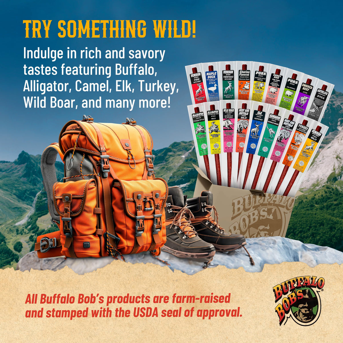 Buffalo Bob's Wild Game Meat Snacks 1oz Sticks – Exotic Variety 10-Pack