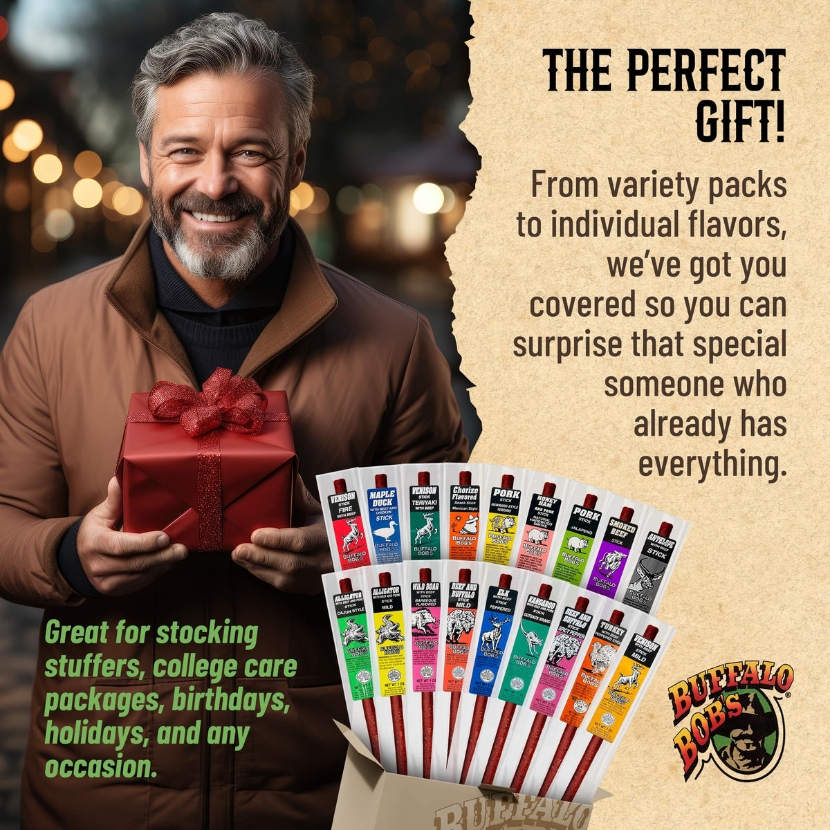 Buffalo Bob's Wild Game Meat Snacks 1oz Sticks – Exotic Variety 10-Pack