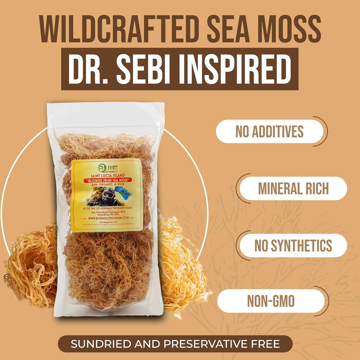 BUIE Golden Irish Sea Moss — Wildcrafted from St. Lucia | 8oz Makes ~120+ oz Sea Moss Gel | 100% Natural, Raw & Sun-Dried