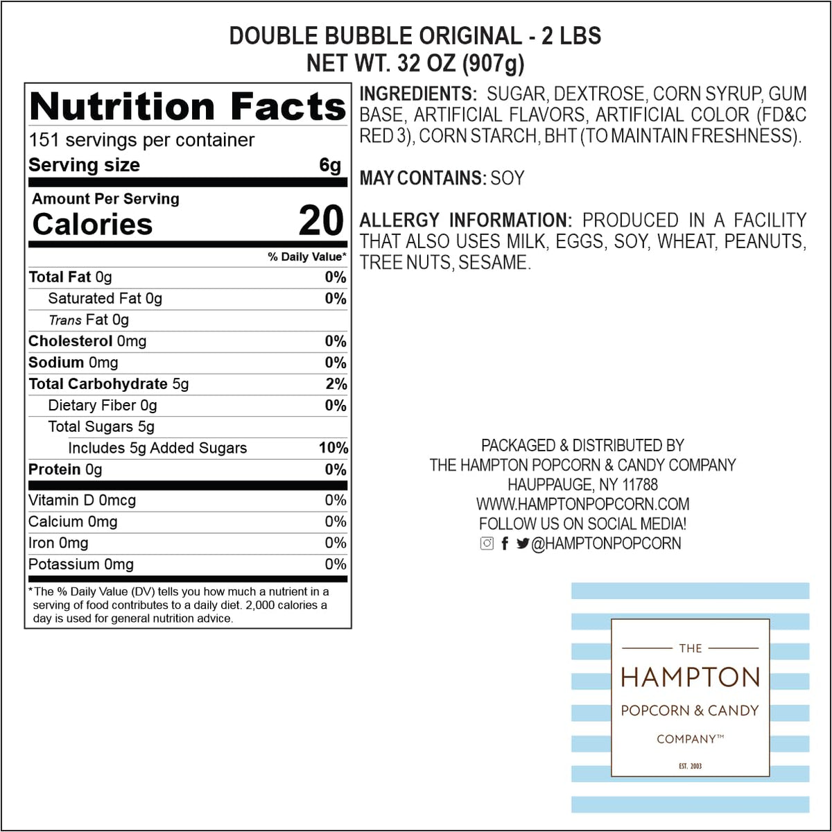 Dubble Original Bubble Gum – 5 lb Bulk Bag (Approx. 350 Pieces) | The Hampton Popcorn Company