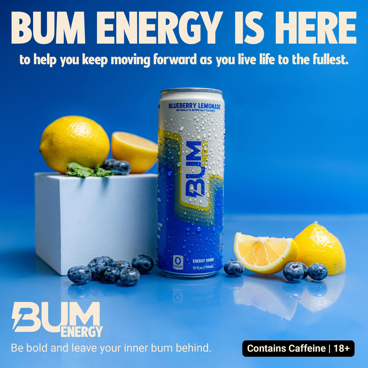 BUM Sugar-Free Energy Drink – Blueberry Lemonade, Natural Caffeine & Cognizin | 12-Pack
