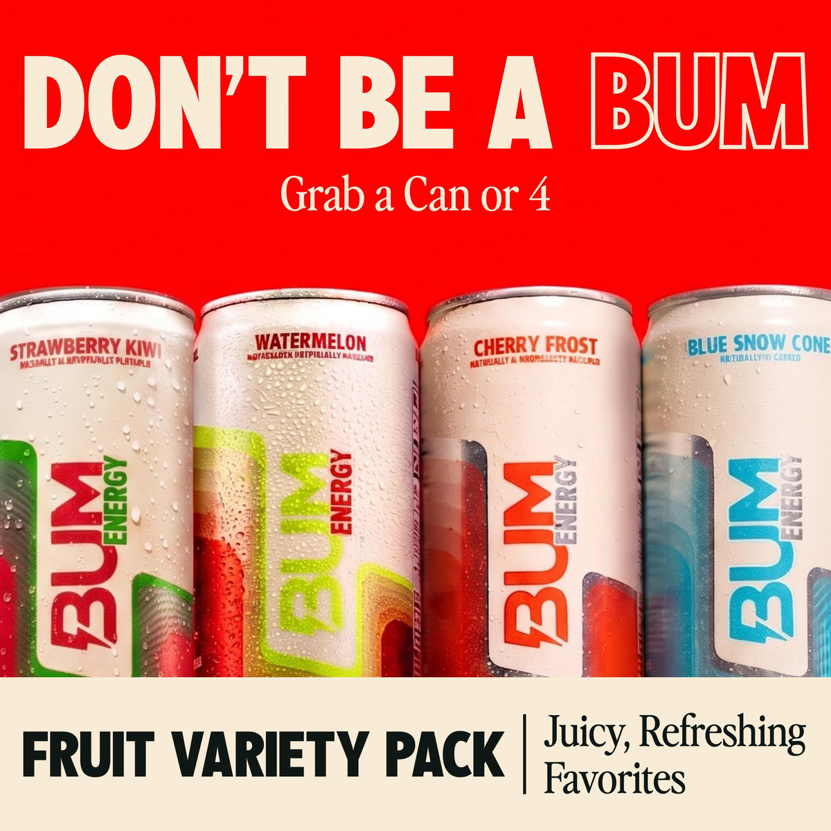 BUM Sugar-Free Energy Drink – Fruit Variety Pack | Natural Caffeine & Cognizin, 12 oz Cans (Pack of 12)