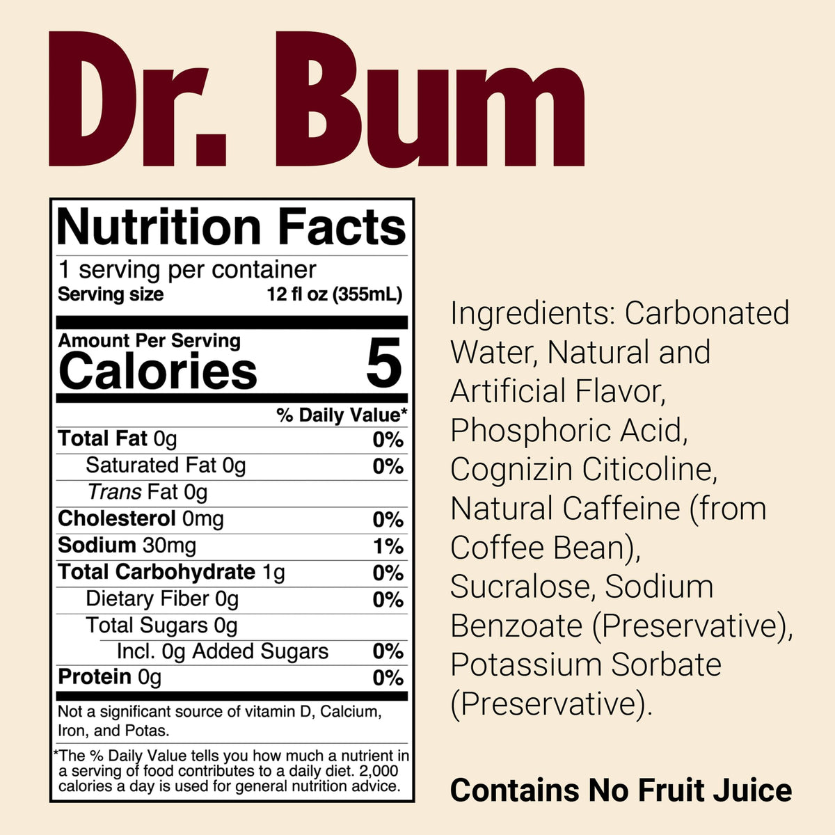 BUM Sugar-Free Energy Drink by Dr Bum – Lightly Carbonated, Natural Caffeine & Cognizin for Focus | 12 oz, 12-Pack