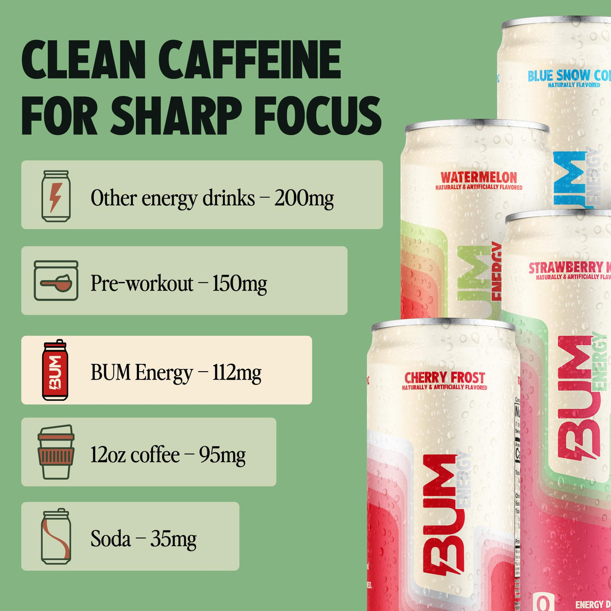 BUM Sugar-Free Energy Drink – Fruit Variety Pack | Natural Caffeine & Cognizin, 12 oz Cans (Pack of 12)