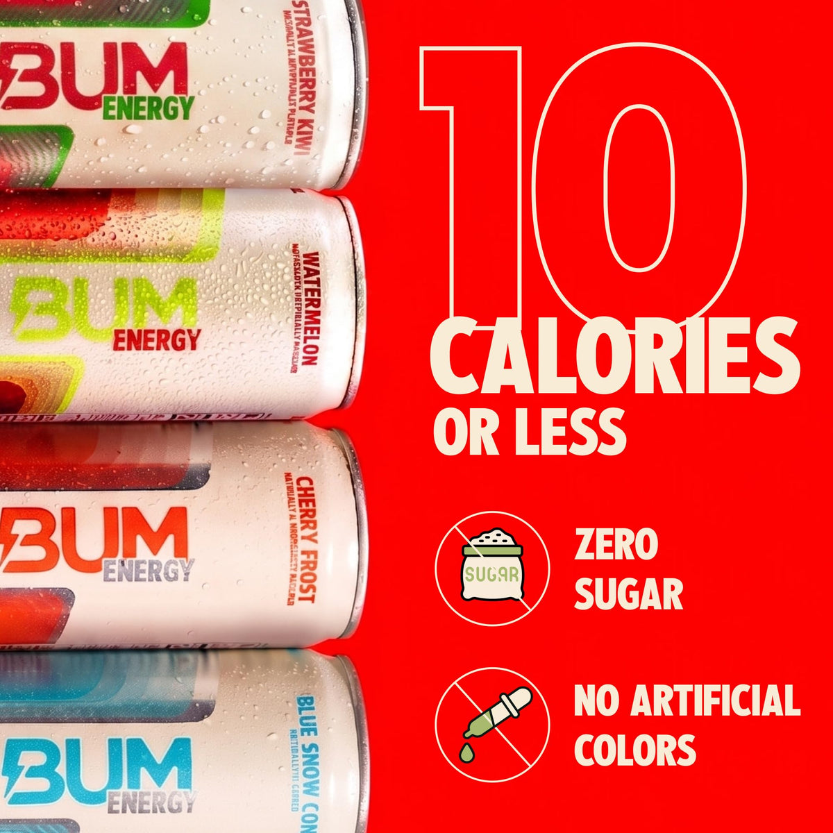 BUM Sugar-Free Energy Drink – Fruit Variety Pack | Natural Caffeine & Cognizin, 12 oz Cans (Pack of 12)