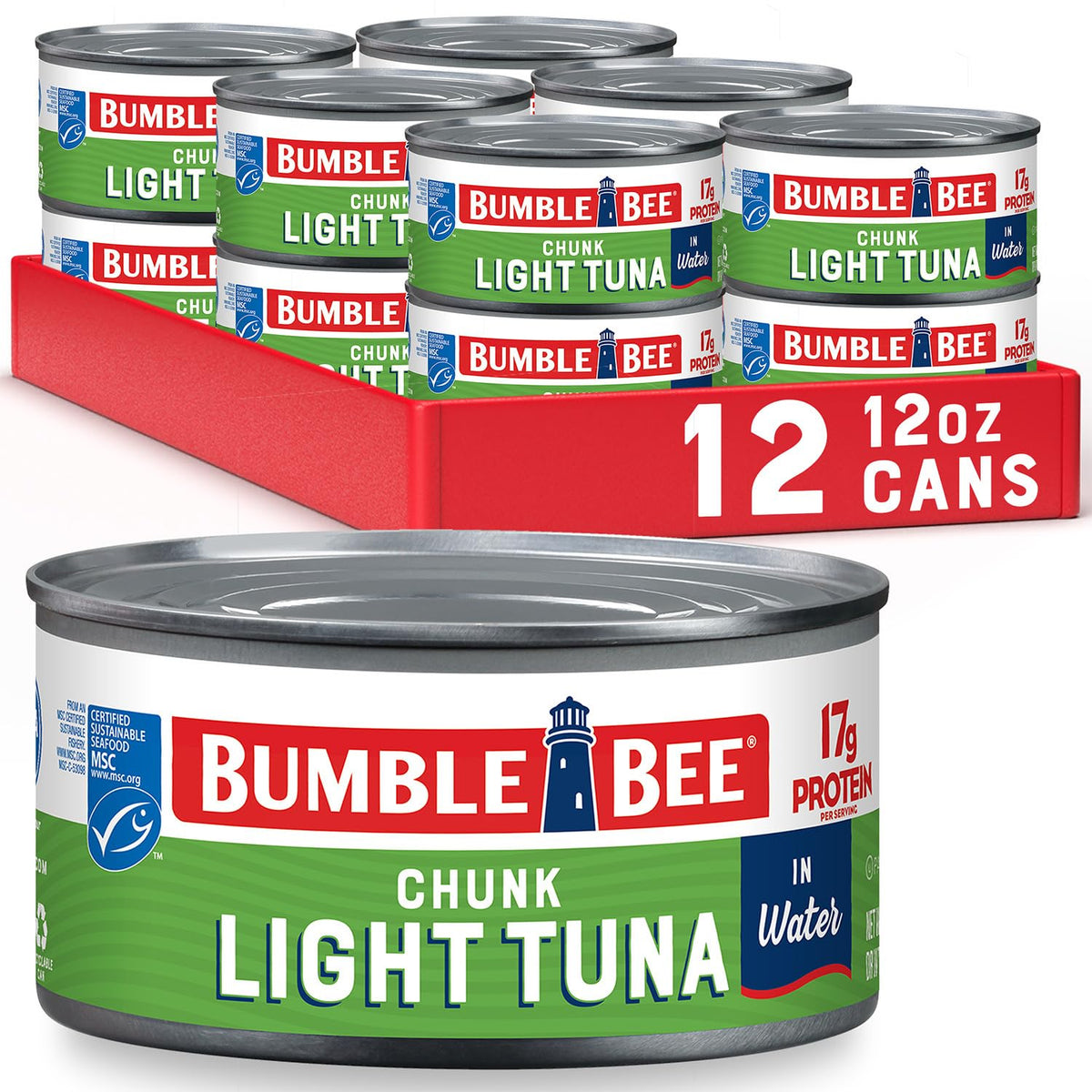 Bumble Bee Chunk Light Tuna in Water – 12 oz Cans (Pack of 12) | Wild-Caught Skipjack, 17g Protein, MSC Certified