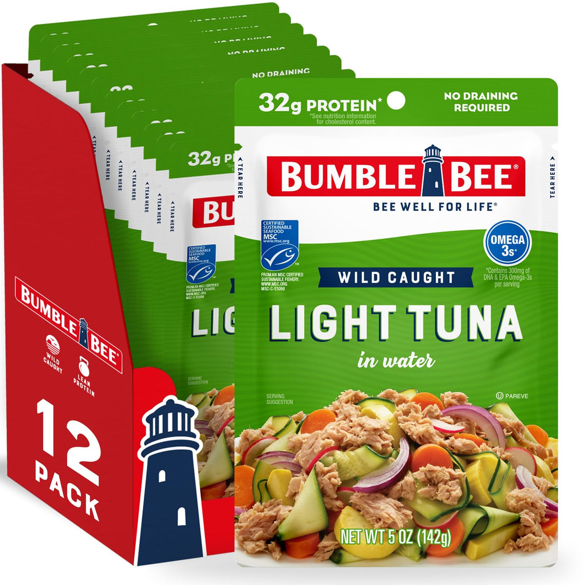 Bumble Bee Chunk Light Tuna in Water Pouches – 12 Pack, 32g Protein per Pouch, MSC Sustainable