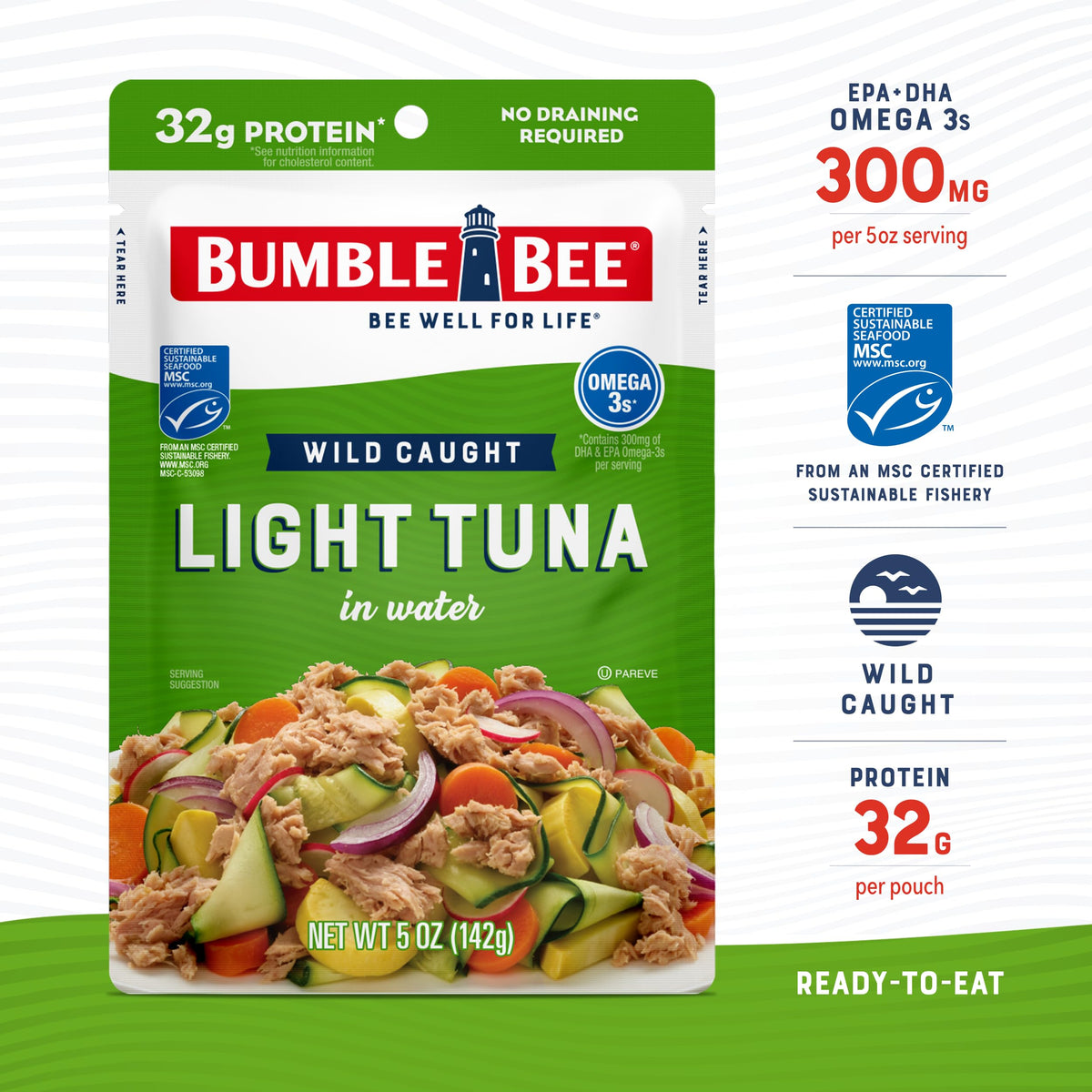 Bumble Bee Chunk Light Tuna in Water Pouches – 12 Pack, 32g Protein per Pouch, MSC Sustainable
